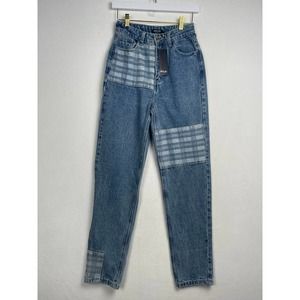 NWT Nasty Gal High Rise Check Patchwork Straight Leg Jeans w/ stretch,‎ Size 2